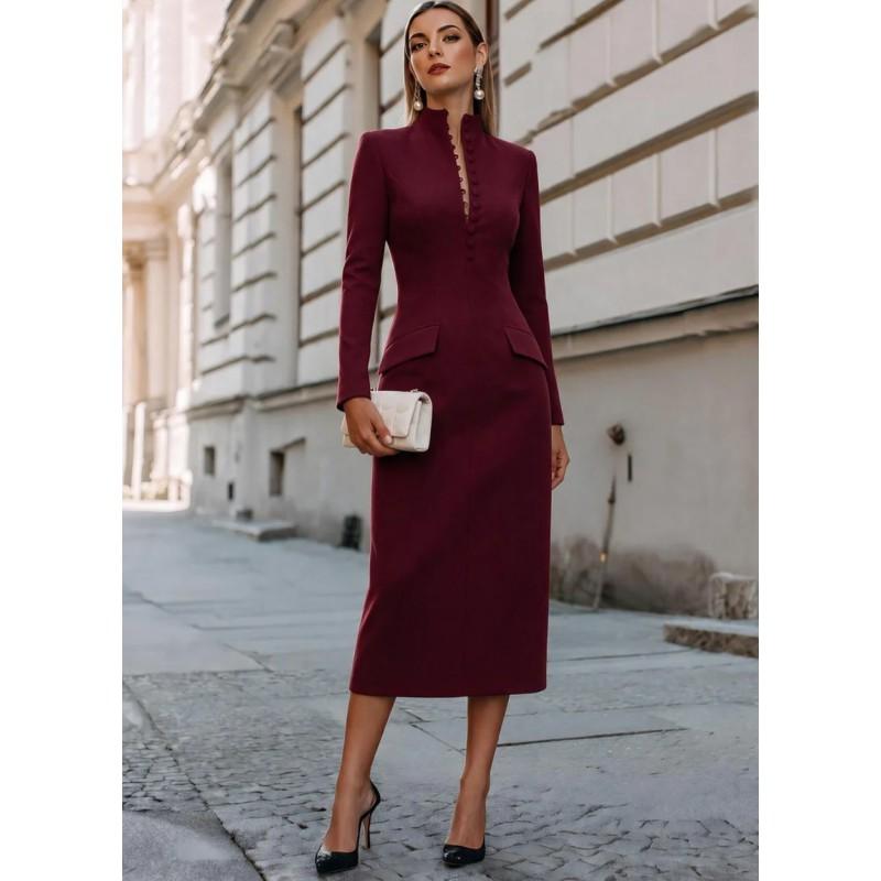 Womens High-Waist Long Sleeve Fitted Midi Dress With Stand Collar Pure Color Office Elegant Party