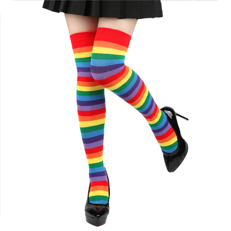 Rainbow Striped Long Tube Socks Over-the-Knee Socks Women Festival Party Costume Accessories Performance Dance Colorful Striped Socks Wholesale
