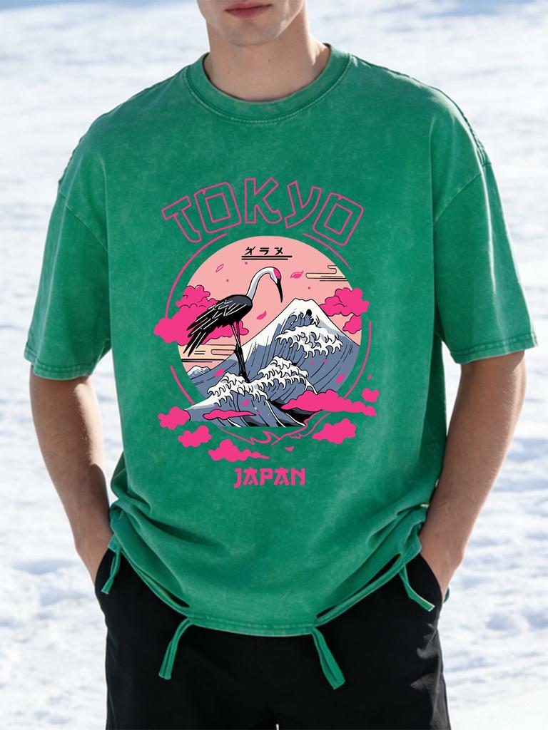 Tokyo Japan Crane Waves Prints Washed TShirts Womens Cotton Oversize T Shirt Summer ONeck Short Sleeve Tops Casual Clothes