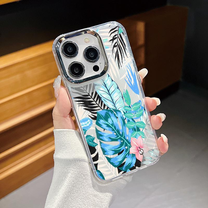 

Plating Lens Frame Clear Case For iPhone 15 16 Pro Max Plus 14 12 13 Pro 11 Electroplating TPU Flowers Print Phone Cover For iPhone 13 ProMax