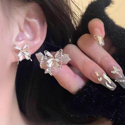 Korean Style Butterfly Earrings: Exquisite 925 Silver, French Hollow Zircon Ear Clips for Women