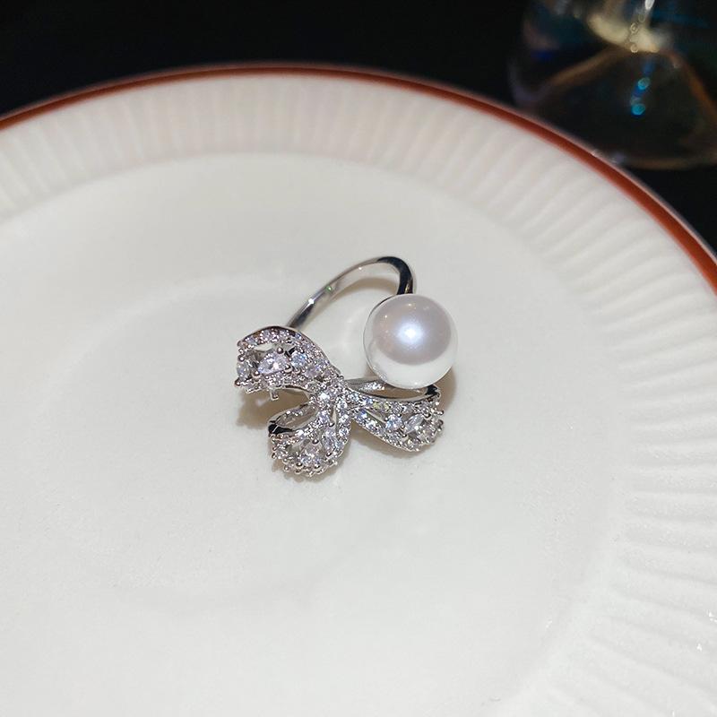 Simple zircon bow pearl opening ring simple design index finger ring personalized jewelry women