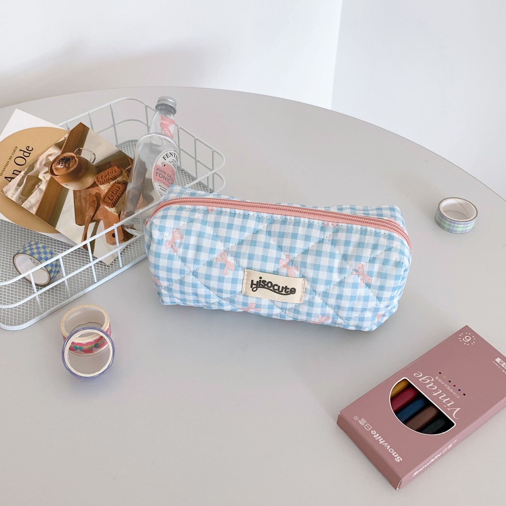 

Футляр для карандашей с принтом в виде банта в клетку большого размера, сумка для ручек со стежками, канцелярский чехол для хранения, обратно в школу синий