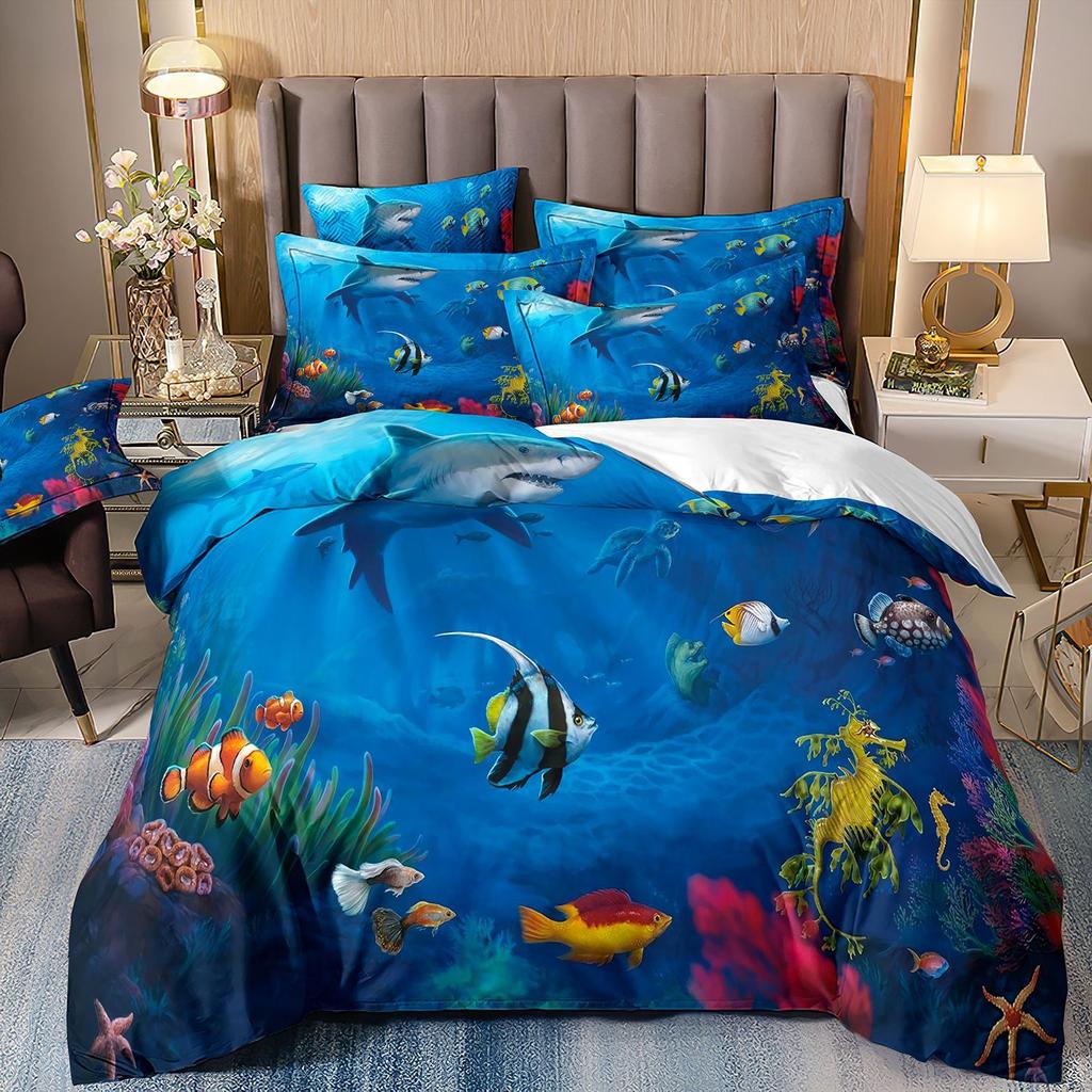 3D-gedruckte Heimtextilien Bettwäsche Delfin Meeresschildkröte Meerestier Quilt-Set Dreiteiliges Set