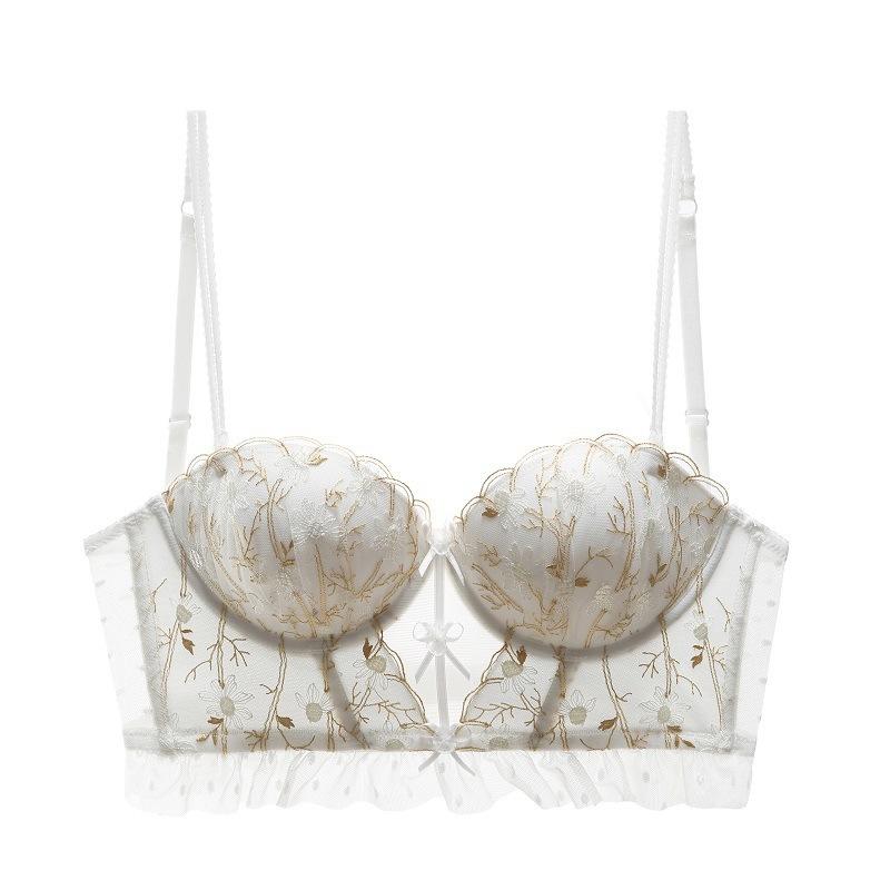 

Sexy U-shaped beautiful back underwear women s lace embroidery contrasting color halter bra small chest gathering vest bra bra 70A білий