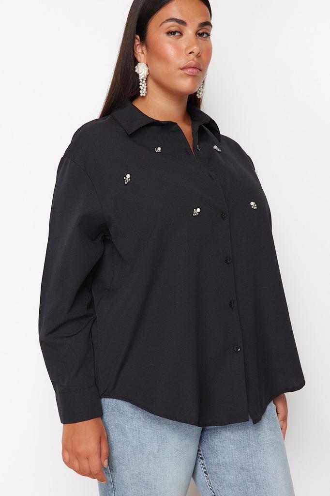 Women's Style Plus Size Shirt Black Large Size Stone Embroidered Poplin Woven Shirt