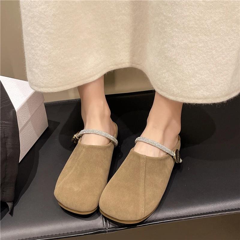 Women's Mules Flat Sole Solid Cover Toe Rhinestones Slippers Women Dress Metal Decoration Concise Outdoor Zapatillas De Mujer