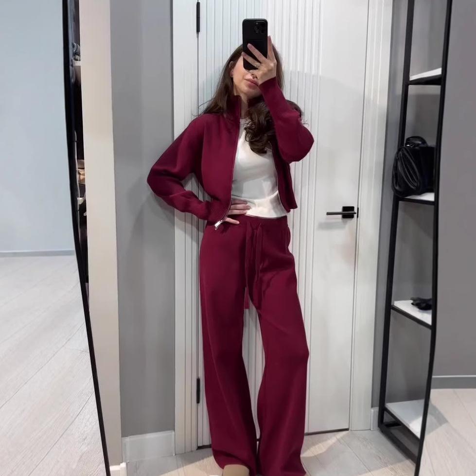 Women's Casual High Neck Zip-Up Top with Wide Leg Pants Set, Elegant Loungewear Outfit