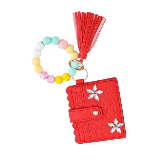 RFID Shielded Card Holder with Rhinestone Flower And Beads Decor Women Wristband Wallet Keychain Faux
