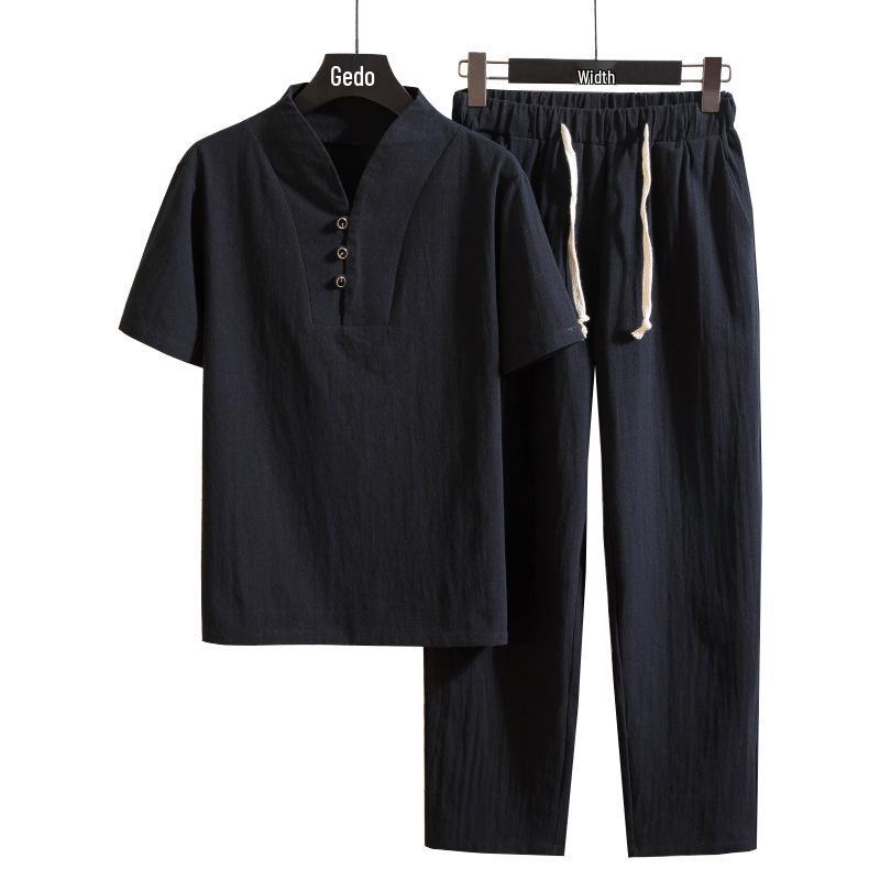 2024 Summer Men's Plus Size Retro Chinese-Style Loose Linen Two-Piece Set