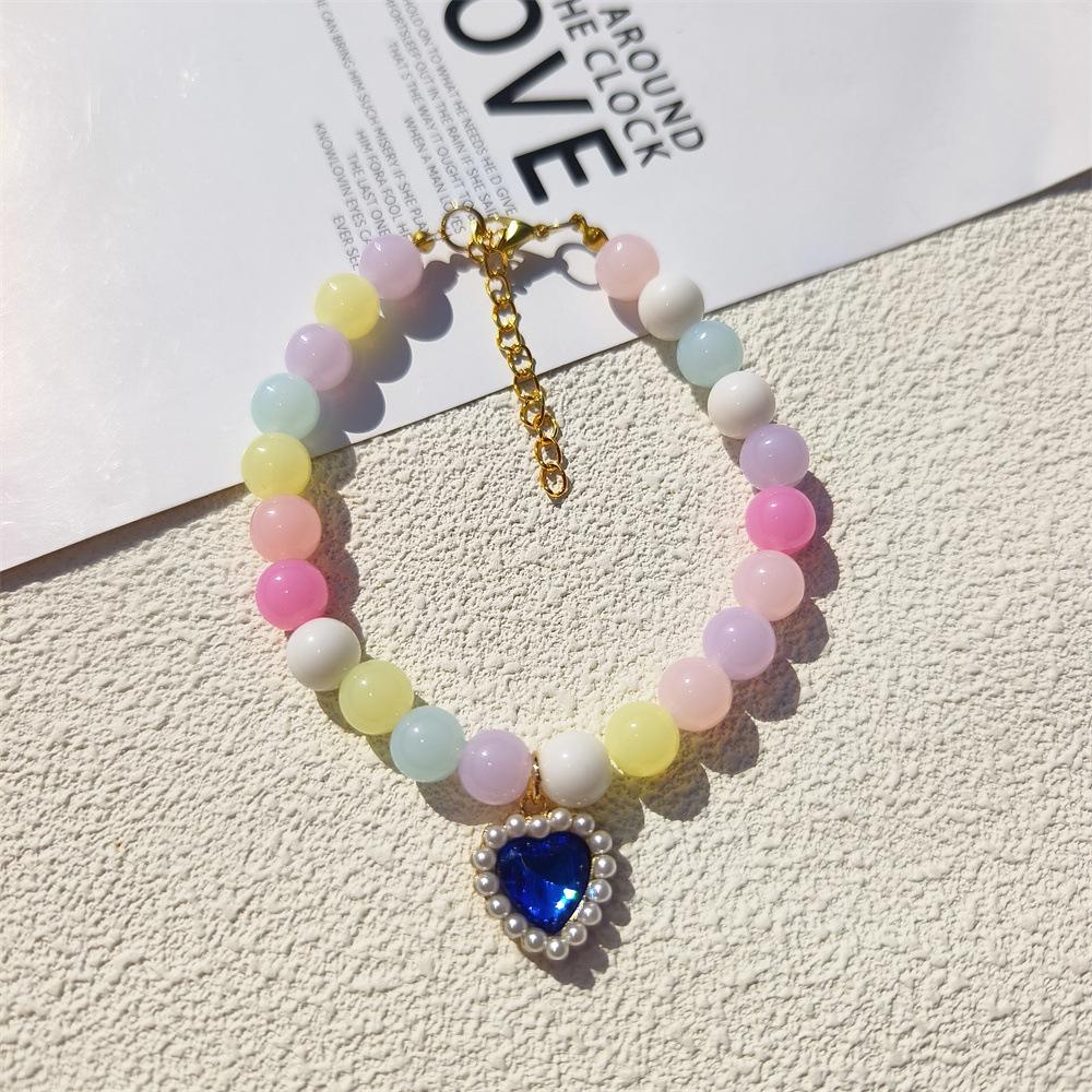 Personalized cat and dog pet handmade necklace collar beaded rhinestone heart cute pearl pendant accessories princess style