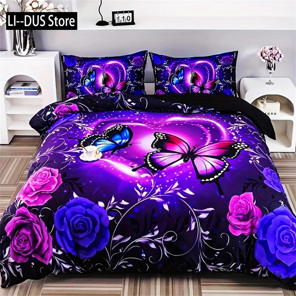 3-Piece Butterfly Flower Duvet Cover Set - Soft, Comfortable, Fashionable Digital Print Bedding With Classic Design - Ideal For