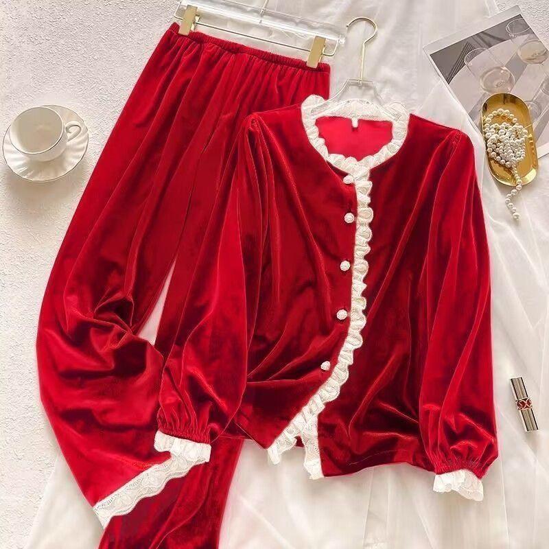 

Women s Velvet Pajama Set Autumn Winter Long-Sleeve Solid Velvet Cardigan Loungewear Two-Piece Set 4XL червоний