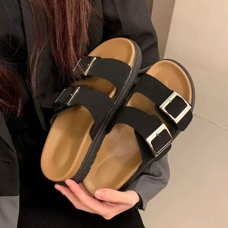 Birkencool Slippers Women'S Summer New Versatile Flat Bottom One Word With Square Buckle Thick Bottom Beach Birkencool Slippers