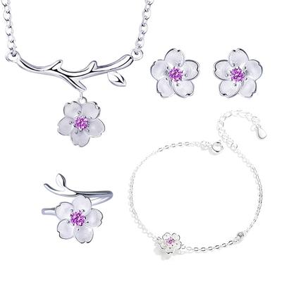 Romantické 925 Sterling Silver Cherry Blossoms Kvetinové šperky Prívesok Roztomilé svadobné svadobné súpravy