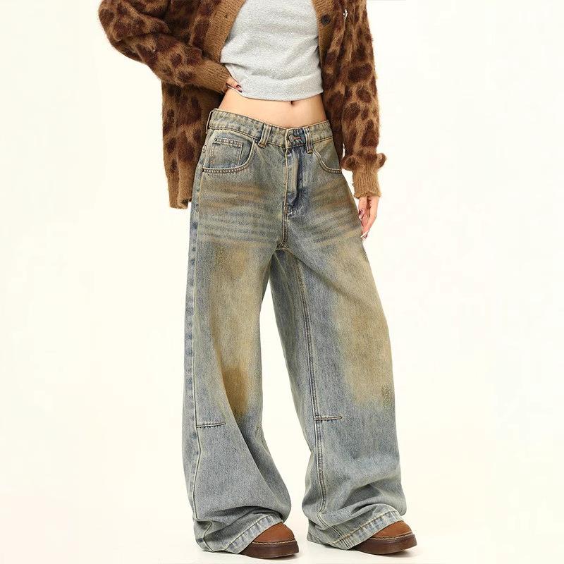 

Retro Washed Distressed Wide Leg Jeans: Unisex Casual Straight Fit 2XL