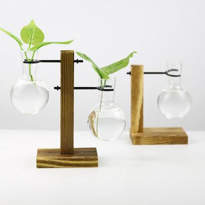 Glas Desktop Pflanzgefäß Zwiebelvase Holzständer Hydroponischer Pflanzenbehälter Deko Wohnzimmer Büro Pflanzen Vermehrungsstation