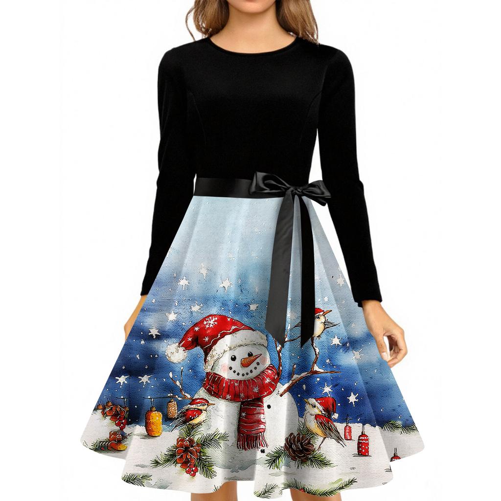 Juletrykk Flare Kjole For Dame Langermet Kjole Hule Fest Casual Kjoler
