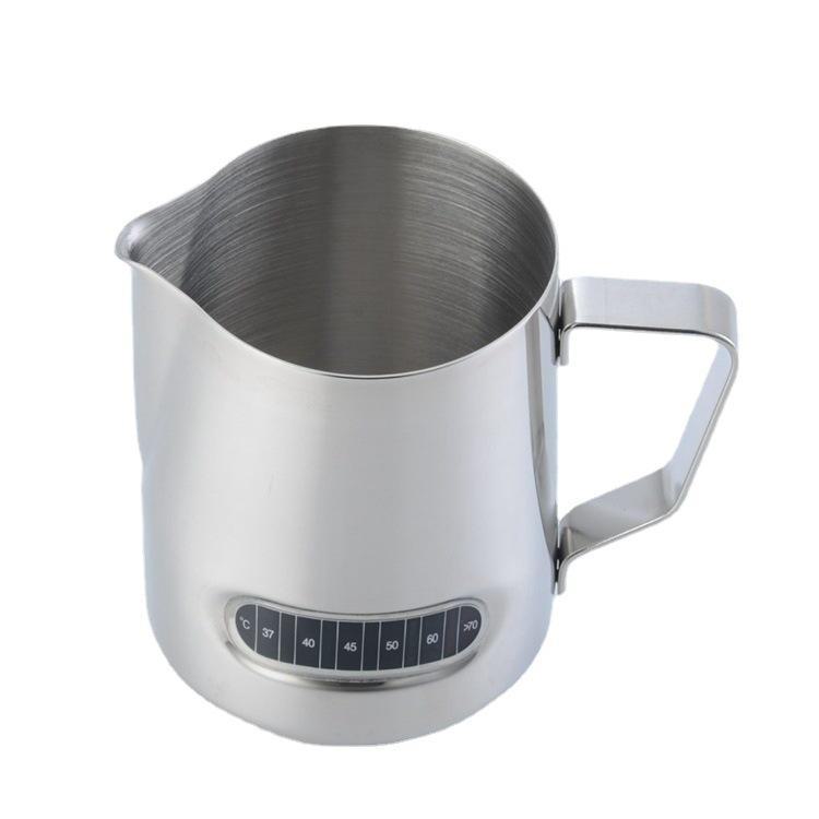 Kaffekopp i rustfritt stål med termometer og helletut, multifunksjonell måle- og bakekopp for hjemmebruk.