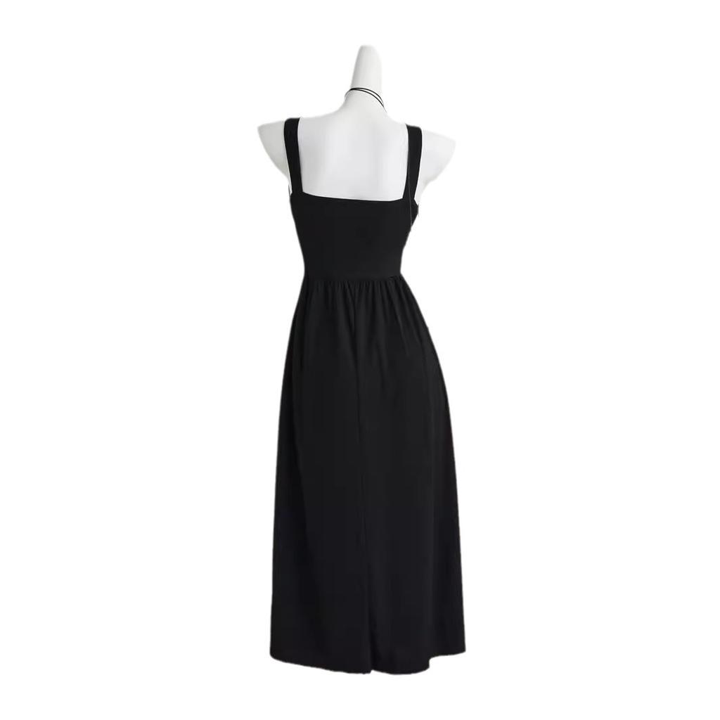 Hepburn Style Suspender Dress Black Women's Summer French Wide Shoulder Strap Skirt Waist Thin Big Swing Dress Women