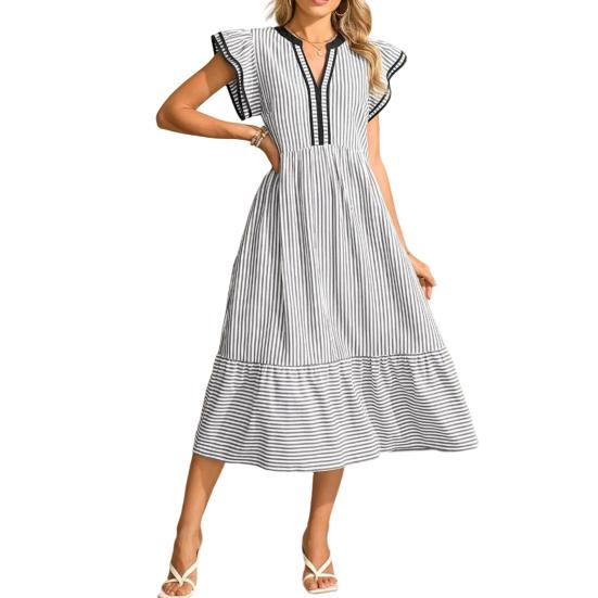 

Women s Striped Midi Dress Ruffle Cap Sleeve V Neck Swing Long Dress Summer Beach Vacation Flowy Sundress XXL чёрный