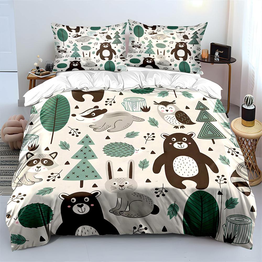 3Pcs Cartoon Animals With Forest Elements Pattern Duvet Cover Set Digital Print Colorful Polyester Bedding With Zipper Closur