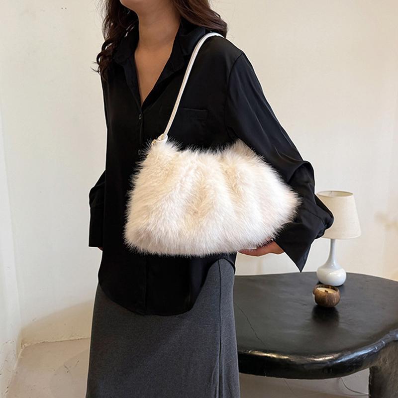 Luxury Furry Shoulder Bag Solid Color Soft Tote Bag Large Capacity Fluffy Clutch Bag