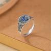 Adjustable Open Ring With Enamel Blue Motif Vintage Bird Flower Design Copper Unisex Jewelry