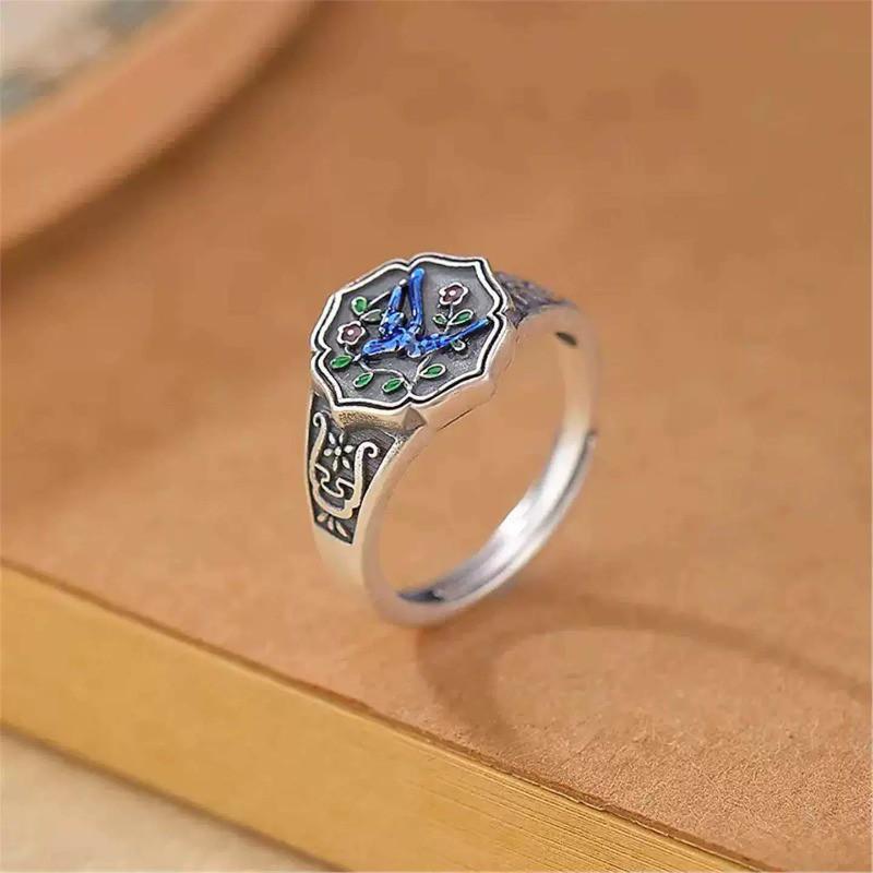 Adjustable Open Ring With Enamel Blue Motif Vintage Bird Flower Design Copper Unisex Jewelry