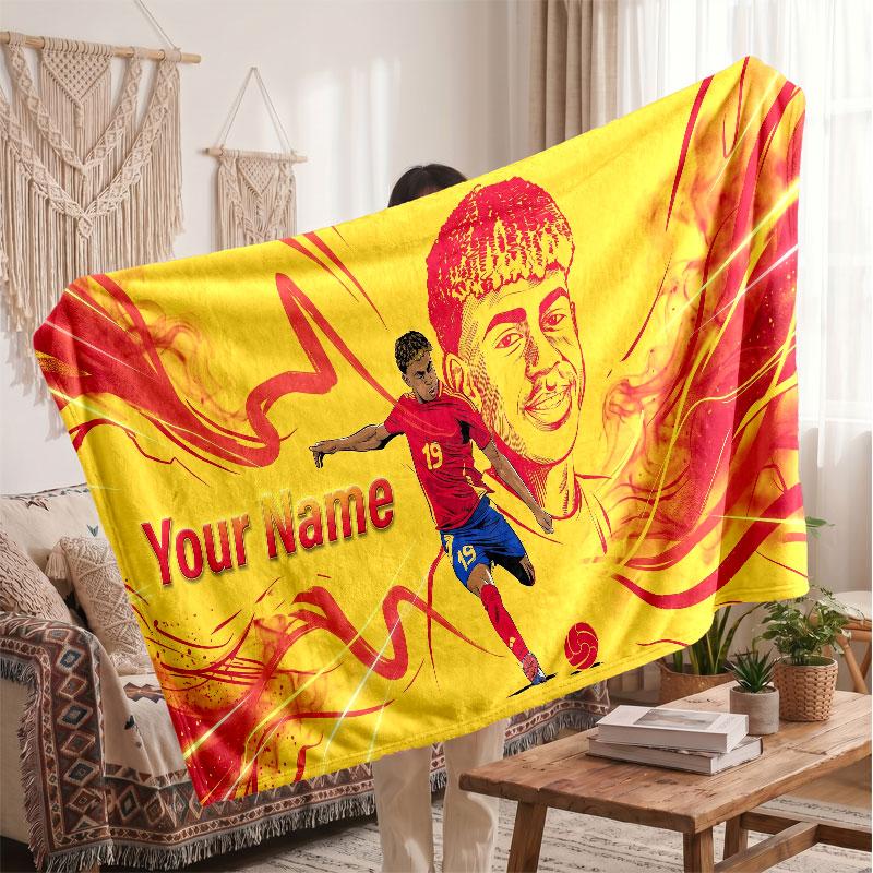 Coperta in pile personalizzata Lamine Yamal con logo del calcio, testo con nome personalizzato, morbida, calda, coperta da divano per la casa