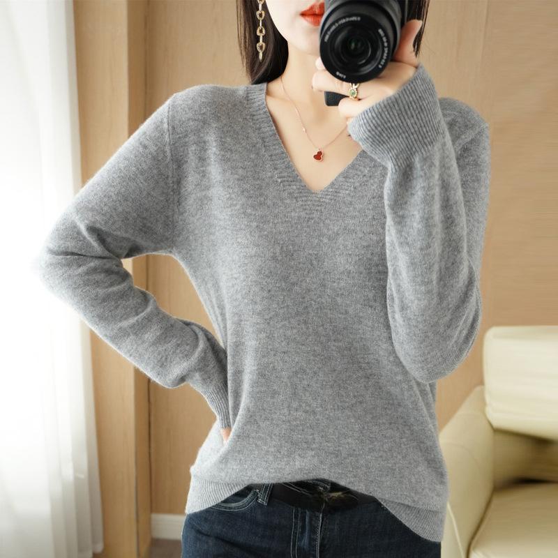 V Neck Sweater for Women Solid Long Sleeve Knit Sweaters Slim Fit Base Pullover Top