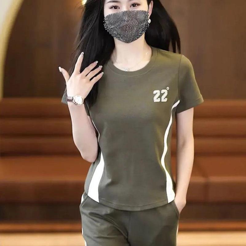 

Casual Sports Suit for Women, Summer Temperament, Fashionable Style, Age-reducing Short-sleeved Straight Pants Two-piece Set 4XL зелений