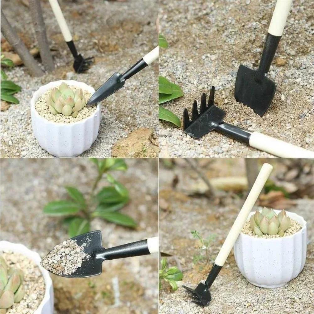 3pcs Mini Garden Tools Set Portable Shovel Tools Shovel Rake Spade Garden Plant Tool Set with Wooden Handle Kids Outdoor Tools