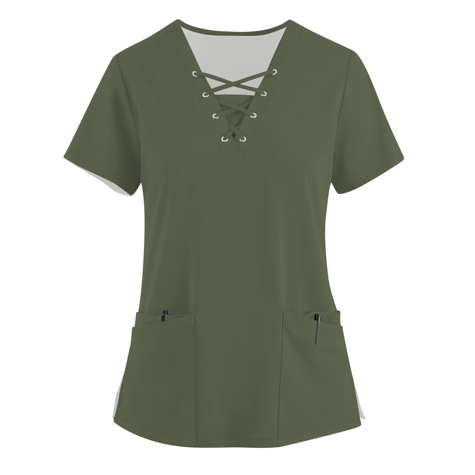 

Женская модная рабочая одежда с v-образным вырезом и короткими рукавами, однотонные топы с завязками и карманами и защитная одежда XL темно-зеленого