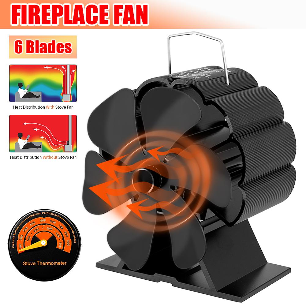 6 Blades Heat Powered Stove Fan Mini Black Fireplace Fan Komin Log Wood Burner Eco Quiet Fan Home Efficient Heat Distribution