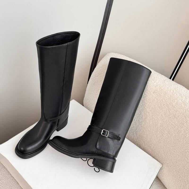 New Versatile Cowhide Martin Boots Solid Color Medium Heel Round Head Leather Tall Boots Autumn and Winter Thick-soled Large-size Women's Boots
