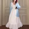 Elegant Plus Size French Summer Dress & Cardigan Set - Long Sleeve, Waist-Cinching, Gentle Style, Slimming.