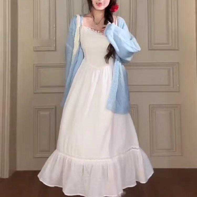 Elegant Plus Size French Summer Dress & Cardigan Set - Long Sleeve, Waist-Cinching, Gentle Style, Slimming.