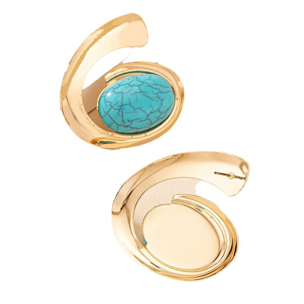 Geometric C-inlaid Turquoise Pearl Stud Earrings Retro Elegance Temperament Earrings