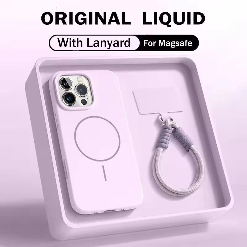 Liquid Silicone Wrist Strap Magnetic Case for iPhone 17 16 15 14 13 12 Pro Max Plus Candy Color Lanyard Shockproof Soft Cover