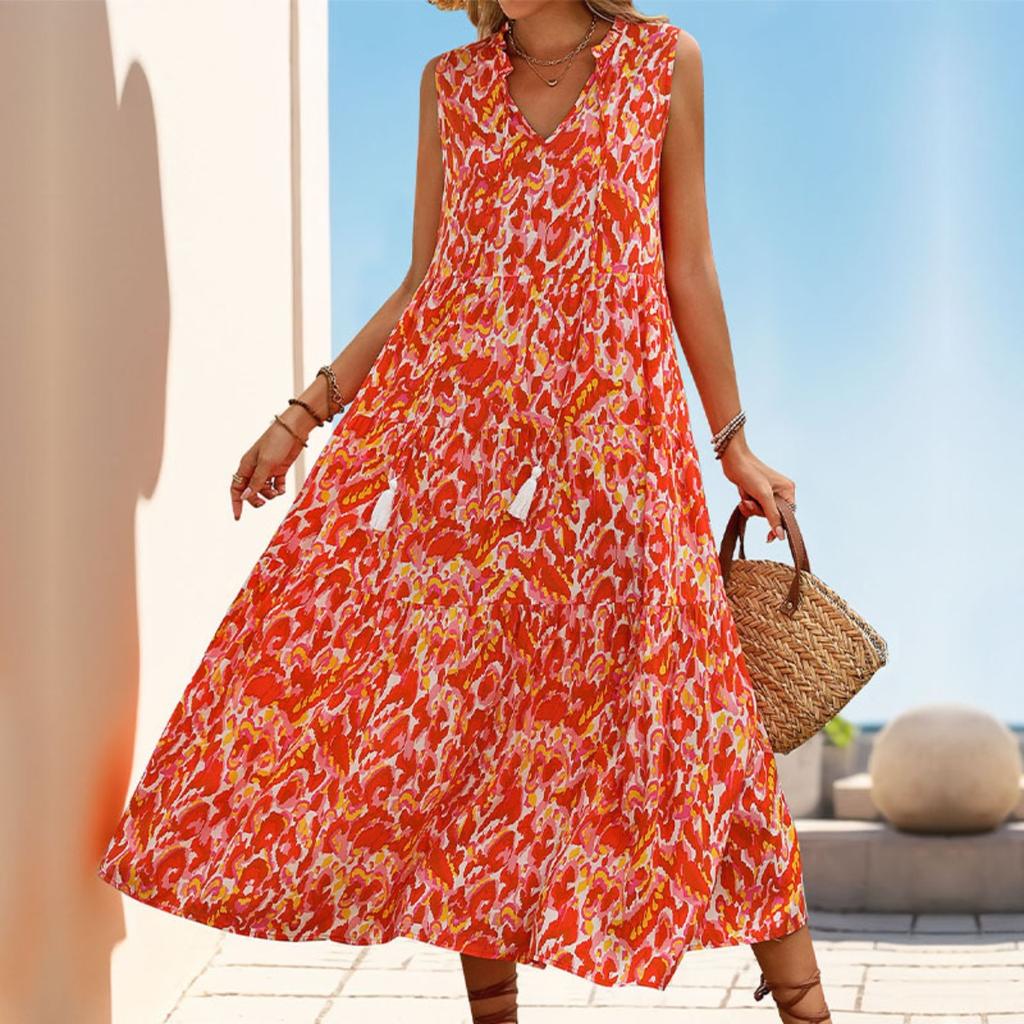 New European American Style Abstract Print Midi Dress, Summer Beach Vacation Casual Dress for Women
