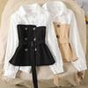 Nuovo Stile Coreano Abbigliamento da Donna Stile Coreano Dimagrante Finto Due Pezzi Camicia a Maniche Lunghe Stile Coreano Top a Vita Larga