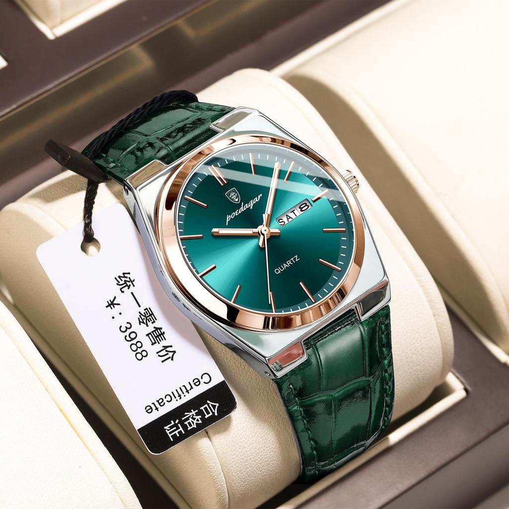 POEDAGAR Men's Ultra-Thin Dual Calendar Quartz Watch with Leather Strap - Trendy Fashion Wristwatch