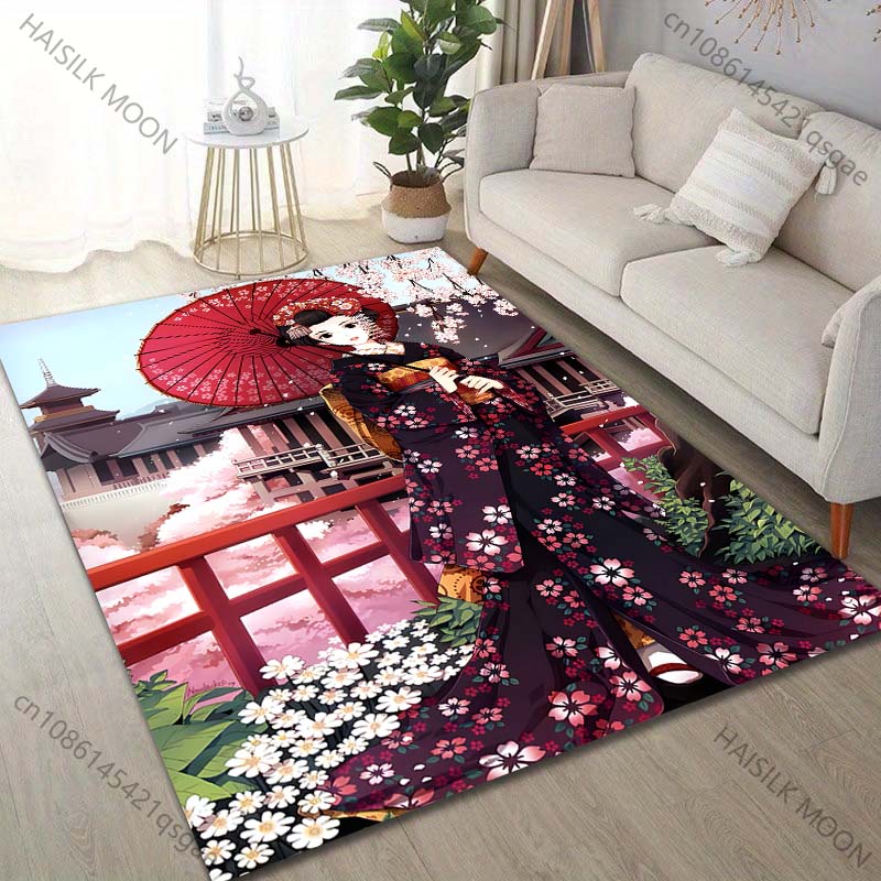 Japanese girl in Kimono Cherry Blossom Pattern Carpet for Living Room Bedroom Sofa Home Decor Non-slip Floor Mat Luxury Gift