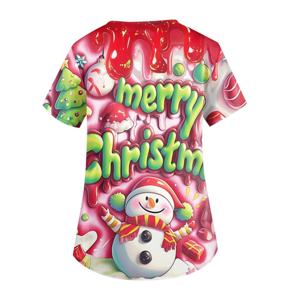 Ladies' Christmas Printed Fashionable V-neck Pocket Short Sleeved  Uniform And Caregiver Top