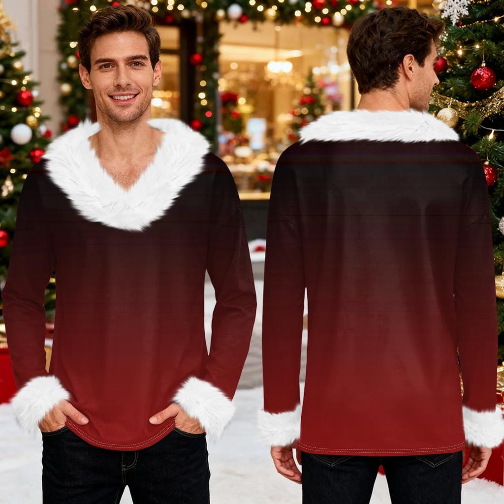 Men's Christmas Printed Fleece Lined Hoodie | Faux Trim Party Sweatshirt With Pocket | Plus Size Loose Fit Holiday Pullover