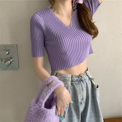 New Short-sleeved T-shirt Female Tide Summer Net Red V-neck Knit Shirt Thin Collarbone Short Section Navel High-waisted Blouse Casual Pullovers Tees