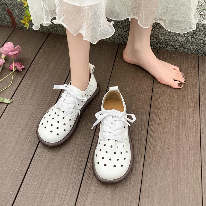 Moda 2025 Lato Nowe Damskie Płaskie Buty z Okrągłym Czubkiem i Wycięciami Miękka Podeszwa Sznurowane Płaskie Buty dla Kobiet Outdoor Codzienne Casualowe Duże Rozmiary Butów