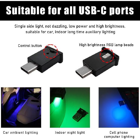 povtii USB Type C LED Ambient Light, Mini 8 Colors RGB LED Light, Adjustable Brightness Interior Atmosphere Lamp for Automotive, Home, Laptop,