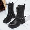 Fashion Fashion Belt Buckle Platform Mid Calf Boots Women Black Zipper Thick Sole Motorcycle Boots Woman Punk Pu Leather Botas Mujer